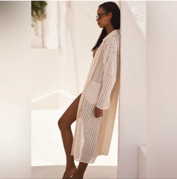 Anthropologie Eyelet Long Cream Swim Cover-Up - Picture 2 of 12